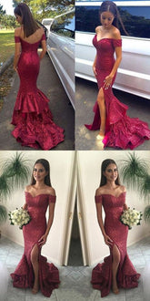 Glittering  Sequined Mermaid Off Shoulder Prom Dresses, Evening Dresses